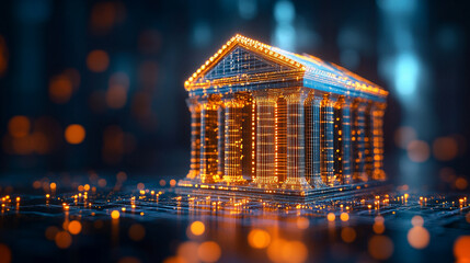 Futuristic bank building digitally rendered on a glowing circuit board. Neon lights highlight tech innovation, AI, and cryptocurrency, symbolizing modern finance and high-tech digital banking.


