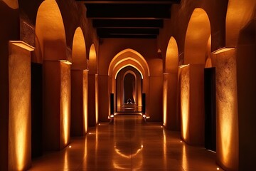 Golden, arched hallway, warm light