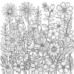 Detailed black and white drawing of flowers and leaves.
