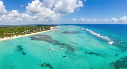 Obraz premium Aerial View of Tropical Beach Turquoise Waters, White Sand, and Sailing Boats