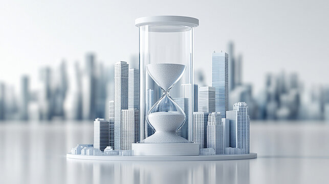 A glass hourglass containing a detailed cityscape inside, set on a bright white background with soft blur. Symbolizes time, urban growth, and the fleeting nature of modern life.

