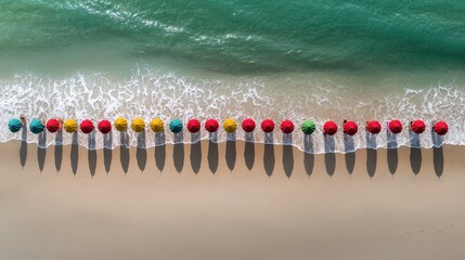Aerial view of a beach with parasols arranged in perfect symmetry, with gentle waves lapping the shore