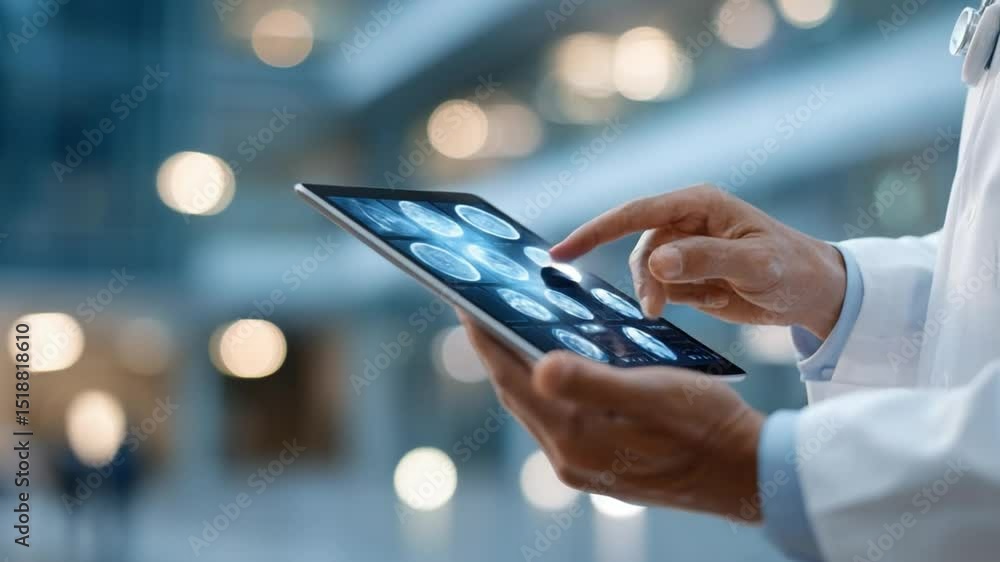 Poster person using touchscreen device with digital interface in modern office environment with blurred bac