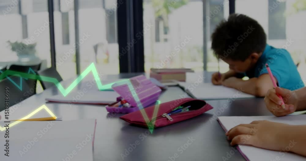Aufkleber two boys writing homework with neon graph lines animating from left edge and drifting over papers