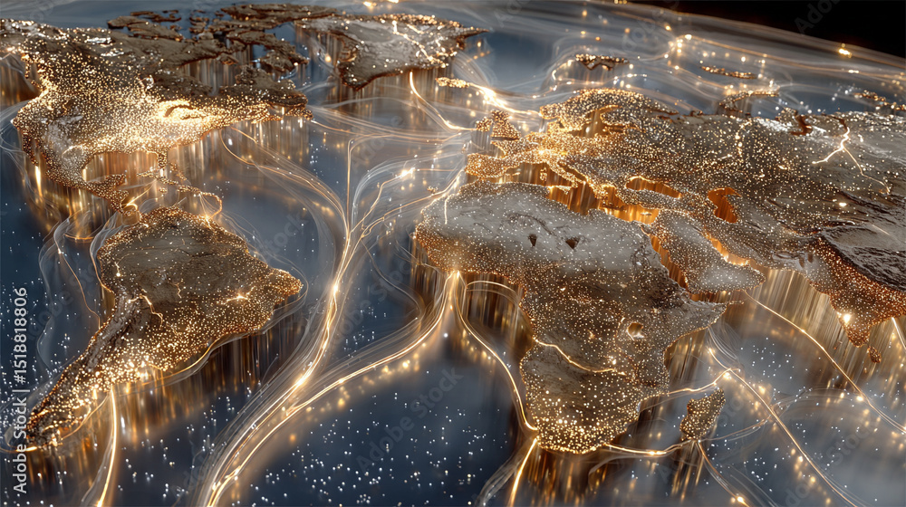 Poster a glowing digital network world map illustrating global connectivity and data flow. abstract visuali