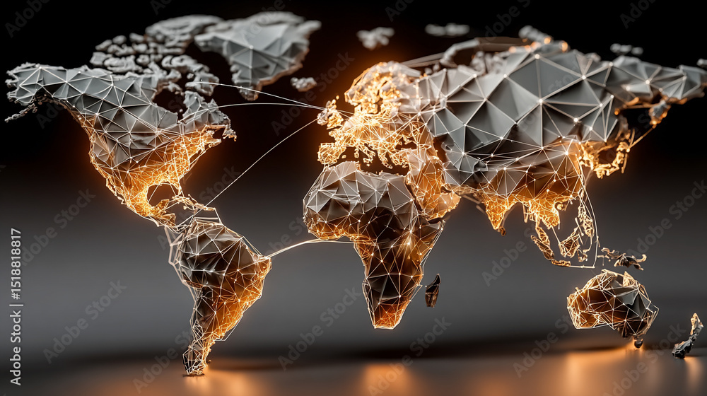 Poster a glowing digital network world map illustrating global connectivity and data flow. abstract visuali