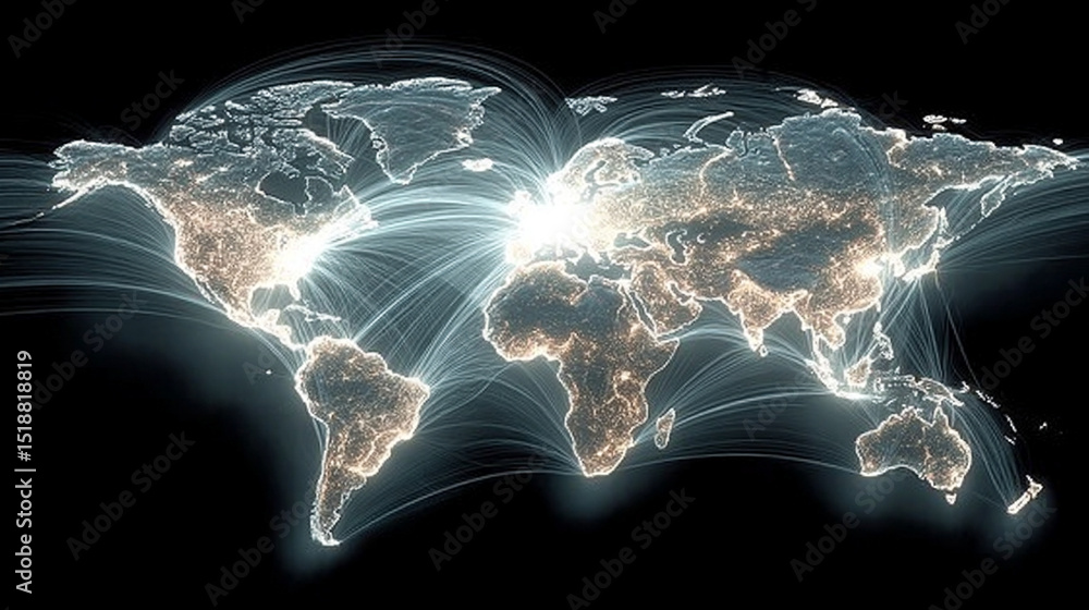 Poster a glowing digital network world map illustrating global connectivity and data flow. abstract visuali