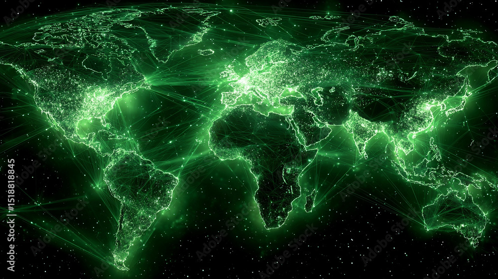 Poster a glowing digital network world map illustrating global connectivity and data flow. abstract visuali