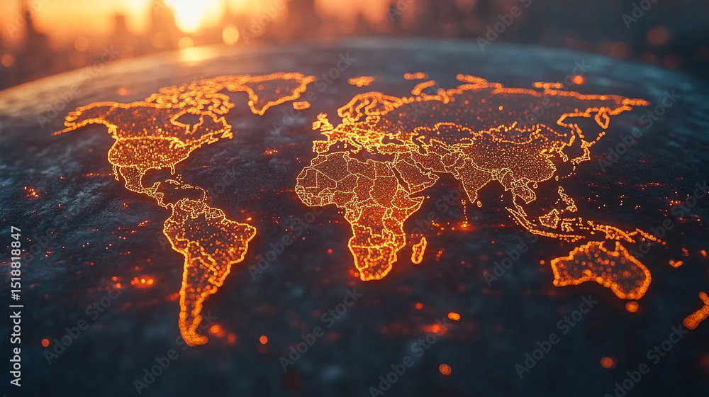 Poster a glowing digital network world map illustrating global connectivity and data flow. abstract visuali