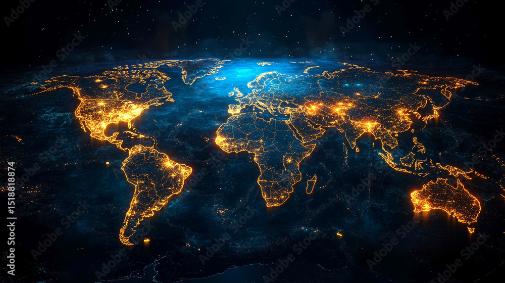 Poster a glowing digital network world map illustrating global connectivity and data flow. abstract visuali