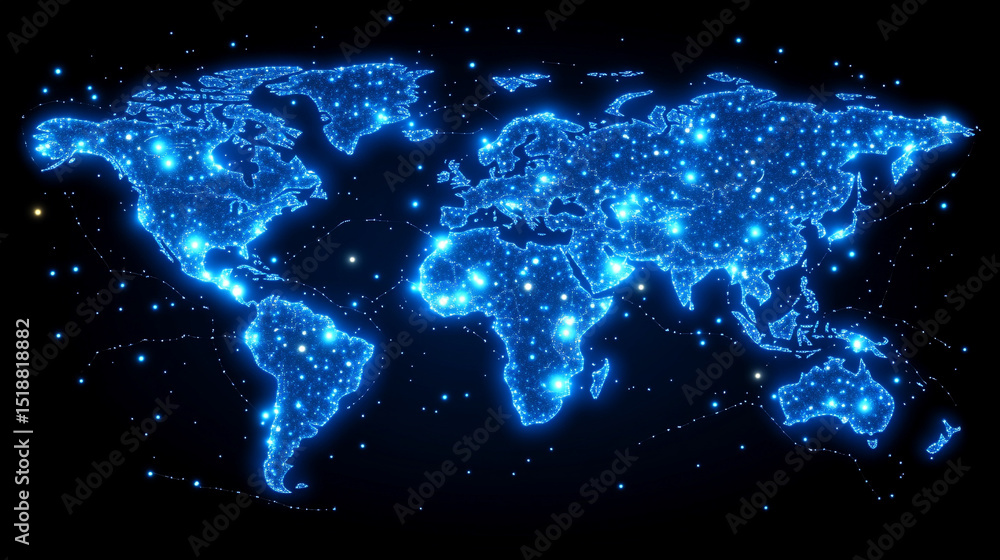 Poster a glowing digital network world map illustrating global connectivity and data flow. abstract visuali