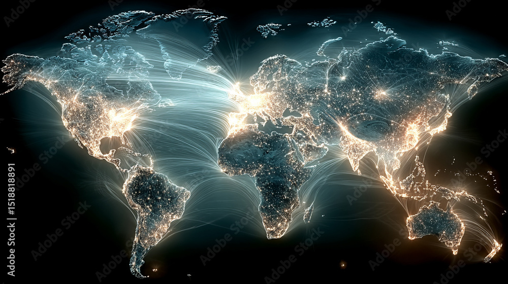 Poster a glowing digital network world map illustrating global connectivity and data flow. abstract visuali