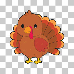 Flat vector of cute cartoon turkey with colorful feathers and cheerful face. Perfect for Thanksgiving and holiday illustration projects. Isolated with transparent background
