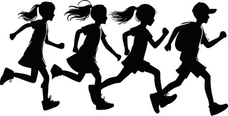 silhouettes of running children vector illustration, group of active kids playing clipart graphic, front view