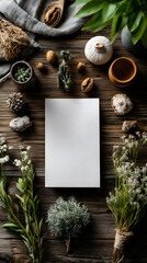 Botanical Flat Lay: Organic Decor & Creative Workspace on Wooden Background | Nature Lover's Rustic, Eco-Friendly Stationery Mockup