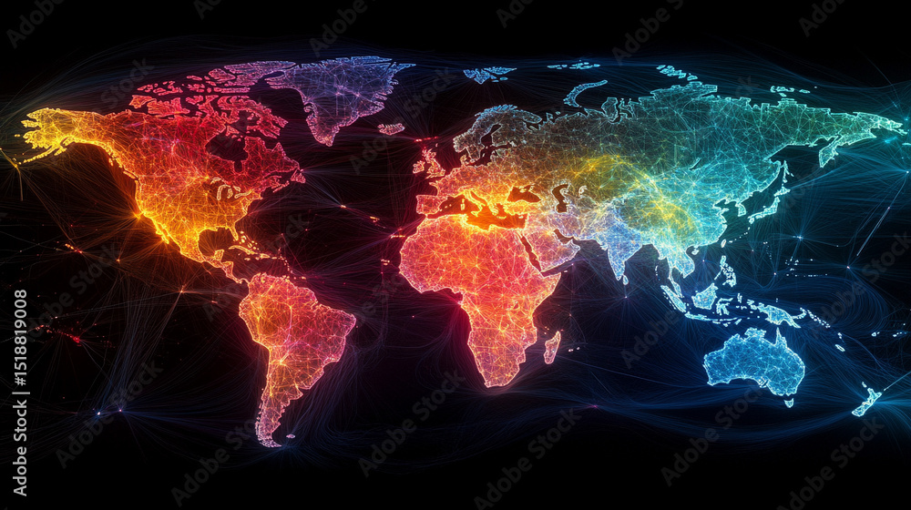 Poster a glowing digital network world map illustrating global connectivity and data flow. abstract visuali