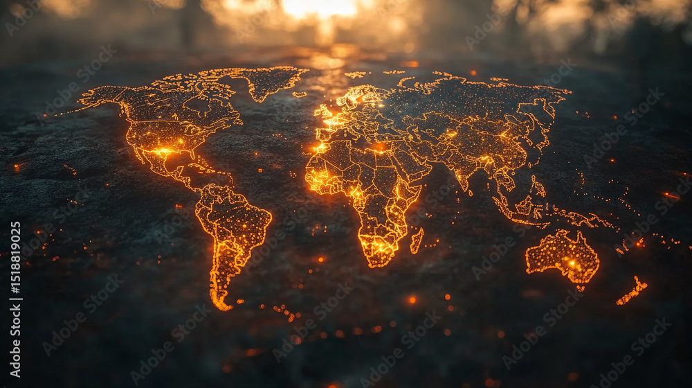 Poster a glowing digital network world map illustrating global connectivity and data flow. abstract visuali