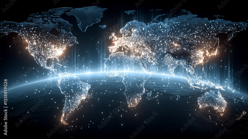 Poster a glowing digital network world map illustrating global connectivity and data flow. abstract visuali