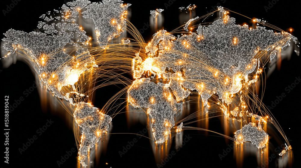 Poster a glowing digital network world map illustrating global connectivity and data flow. abstract visuali