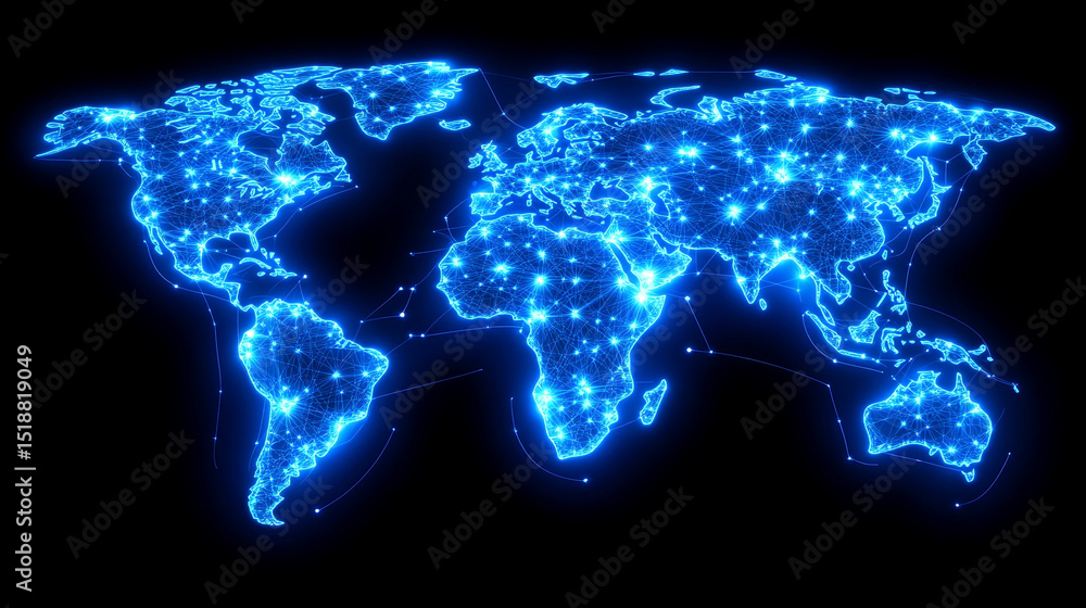 Poster a glowing digital network world map illustrating global connectivity and data flow. abstract visuali
