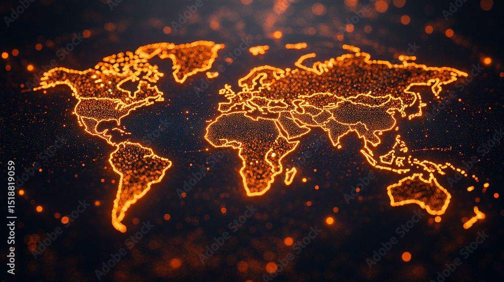 Poster a glowing digital network world map illustrating global connectivity and data flow. abstract visuali