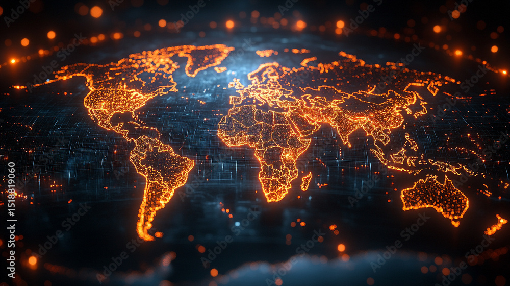 Poster a glowing digital network world map illustrating global connectivity and data flow. abstract visuali