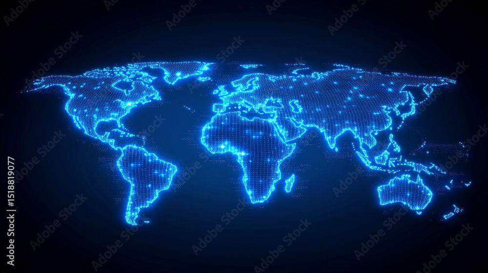 Poster a glowing digital network world map illustrating global connectivity and data flow. abstract visuali