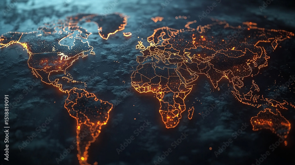Poster a glowing digital network world map illustrating global connectivity and data flow. abstract visuali