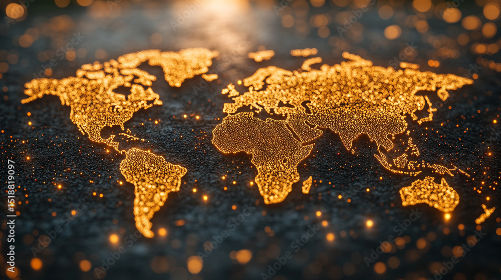 Poster a glowing digital network world map illustrating global connectivity and data flow. abstract visuali