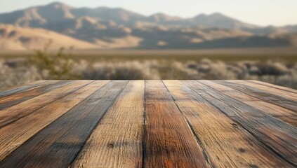 Wooden tabletop in desert landscape