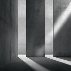 Sunlit minimalist concrete interior with three vertical pillars casting shadows on the floor