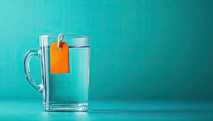 Clear glass mug filled with water, orange tag