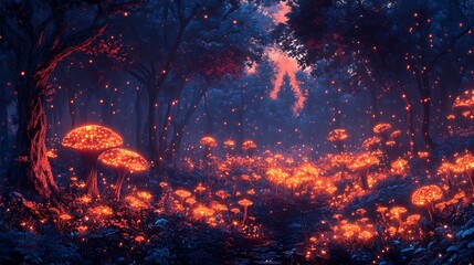 Enchanted luminous mushroom grove in a mystical nocturnal forest setting