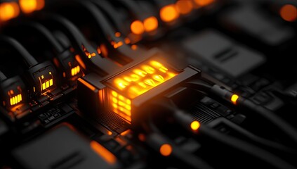 High-tech circuit board with glowing orange components and binary code