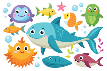 Cute Cartoon Sea Animals Illustration with Shark Fish Starfish and Bubbles