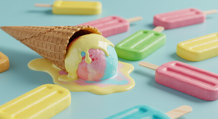 Melting Ice Cream Summer Delight Colorful Popsicles and Creamy Cones