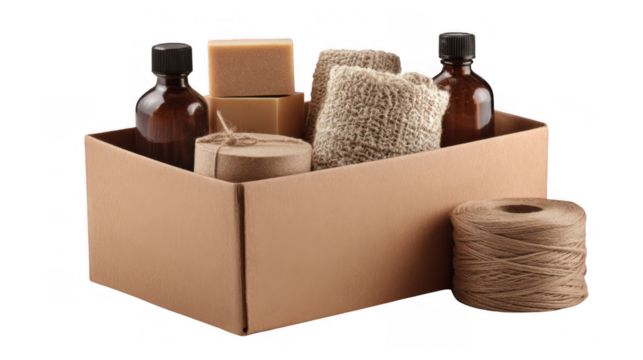 Cardboard box being filled with sustainable, eco friendly personal care products, including amber glass bottles, soap bars, burlap washcloths, and twine, on a transparent background