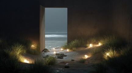A dimly lit doorway opens to a stormy ocean vista, bordered by sand, grass, and small glowing lights leading to the entrance