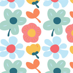 Playful Seamless Pattern with Abstract Childlike Flowers in pastel tones of green, blue, coral, and yellow.