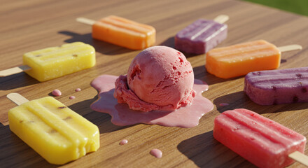 Melting Ice Cream Delight Colorful Popsicles and Creamy Scoop