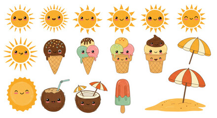 Adorable Summer Icons Cute Sun, Ice Cream, Beach, and More