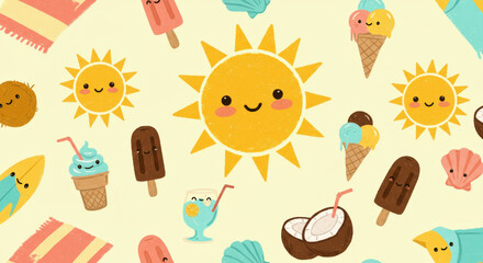 Adorable Summer Icons Sun, Ice Cream, Beach Vibes
