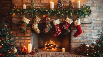 Cozy Christmas Fireplace with Stockings and Festive Decor