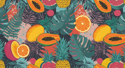 Vibrant Summer Tropical Fruit Pattern  Pineapple, Mango, Papaya Design