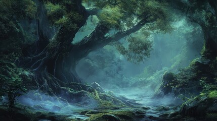 Enchanted Forest: Mystical Stream and Ancient Tree