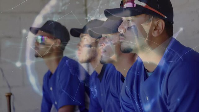 sports baseball teammates sitting on bench focusing on field as digital globe rotating in