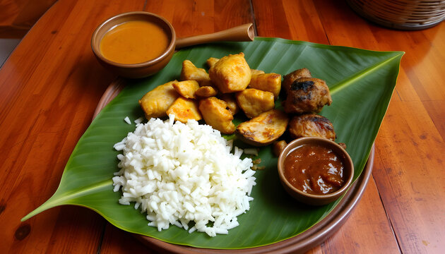Abara, delicious African cuisine served on fresh banana leaves, masterpiece. isolated with white highlights