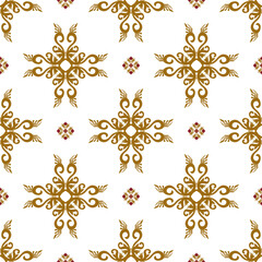 Native ethnic thai geometric pattern samless gold and red on a light gray background. Native thai fabric tiles, wallpaper, carpets.