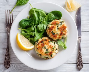 Overhead shot of two pan-fried fish cakes served on a white plate with a side of fresh spinach and lemon wedges.  Cutlery is placed to either side