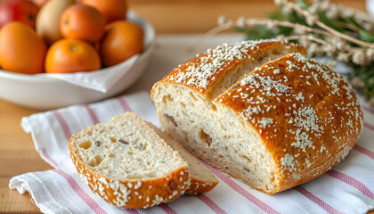 Fototapeta premium Warm, golden-brown artisan loaf, collage style. isolated with white highlights